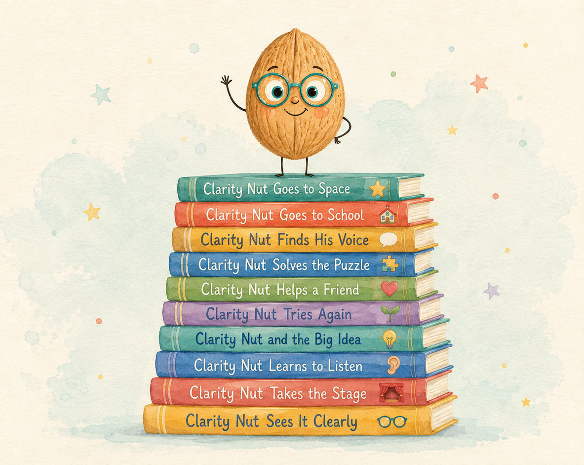 Clarity Nut standing on a stack of ten colorful book spines